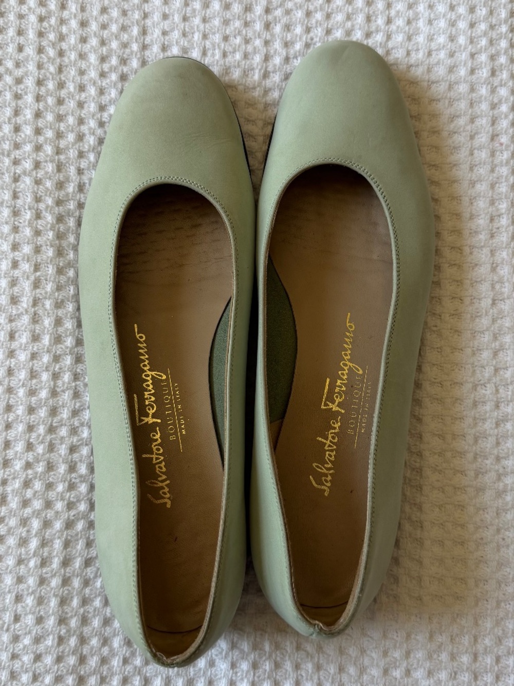 Salvatore Ferragamo Sage Green Leather Ballet Flats